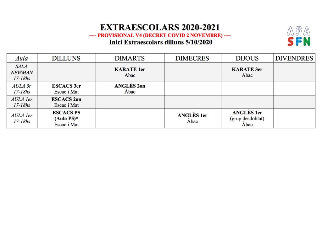 Calendari Extraescolars mentre duri el decret del 2/11 d'enduriment de les mesures de protecció per la Covid19